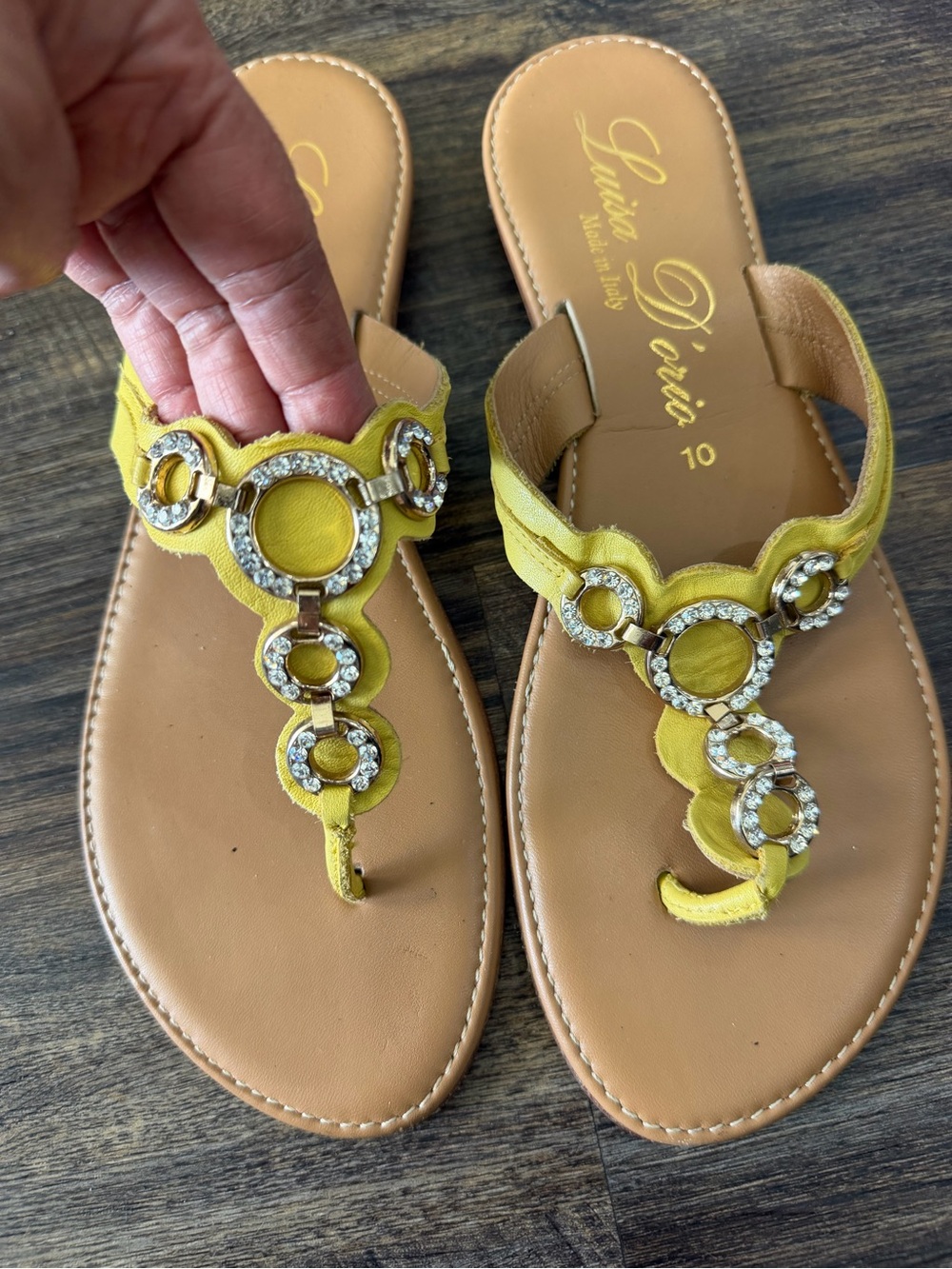 Luisa D’Oris Italy Yellow Crystal-Accent T-Strap Sandals
